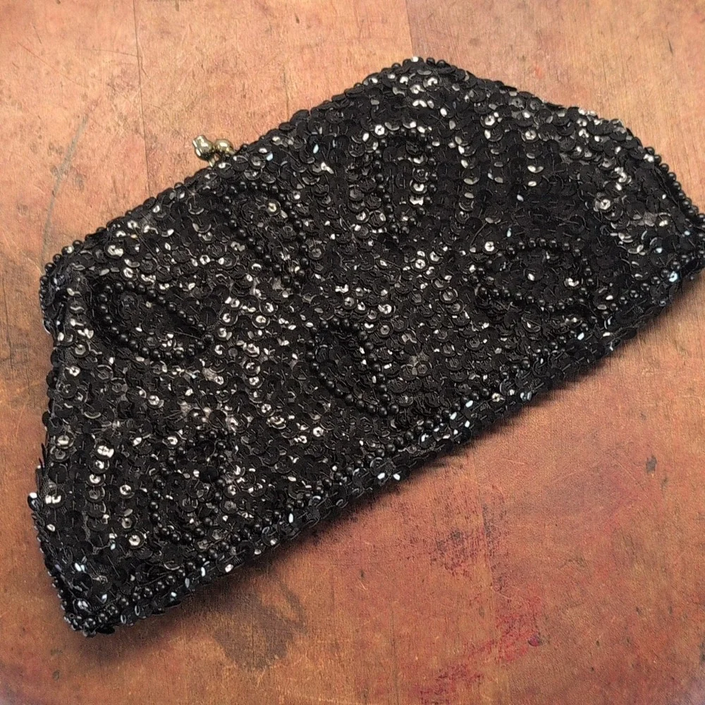 Vintage Black Beaded Sequin Kiss Lock Clutch Evening Bag Made in Japan